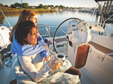 Two women enjoying coffee on boat