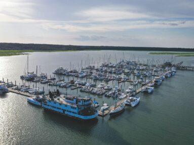 aerial view of skull creek harbor with many boats docked in slips