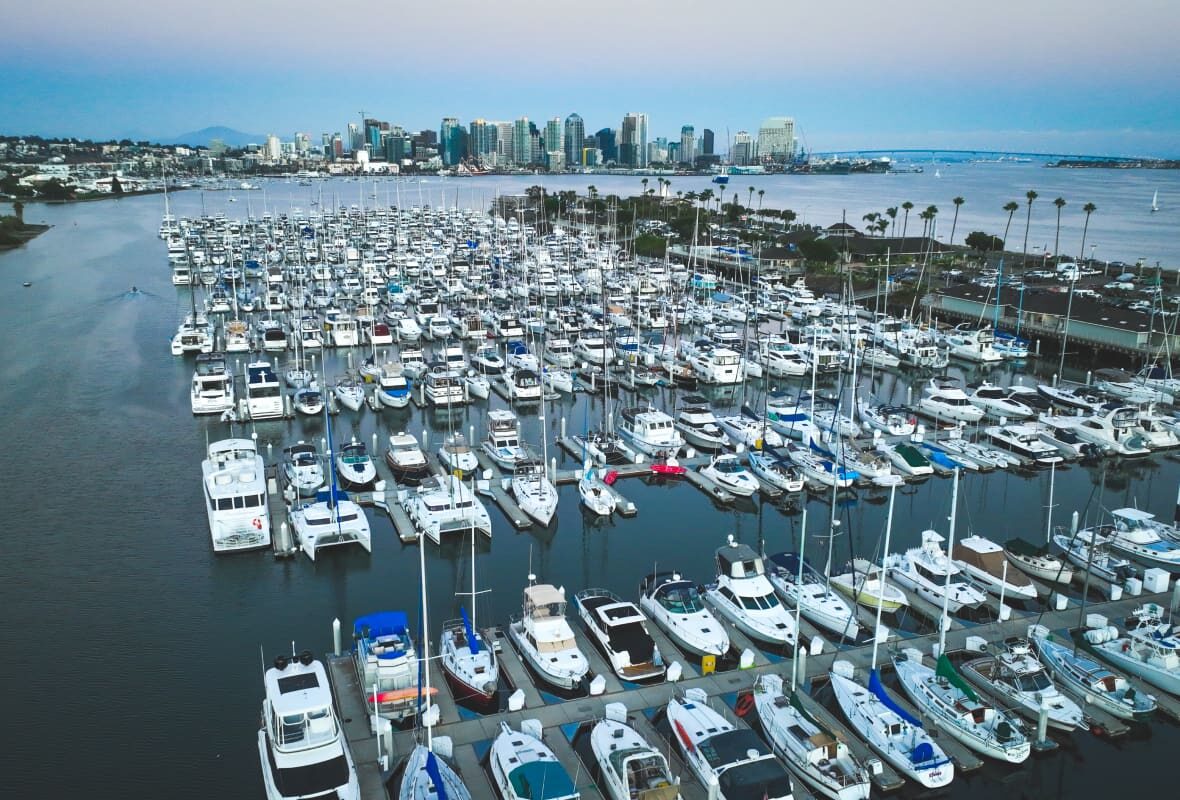 aerial view of boats docked in a harbor with a skyline in the background