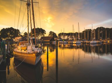 boats docked in a marina at sunset