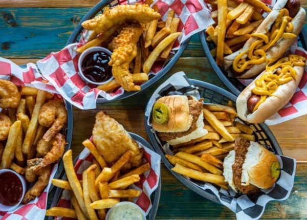 baskets of sliders, fried fish, fries