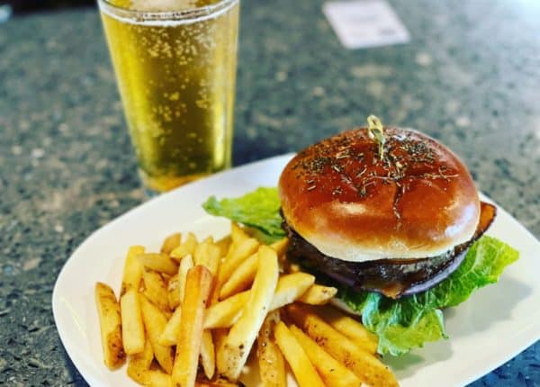 burger, fries, and a beer