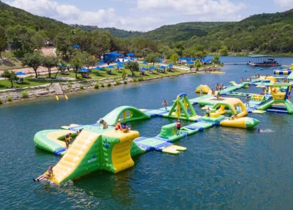 inflatable obstacle course on the lake