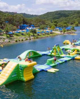 inflatable obstacle course on the lake
