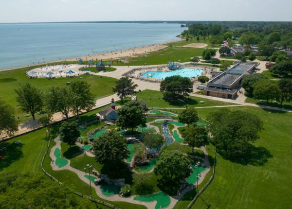 aerial view of park by the water
