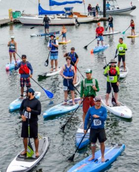 many people standing on paddleboards