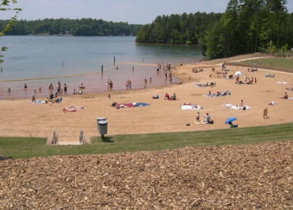 man made beach at lake