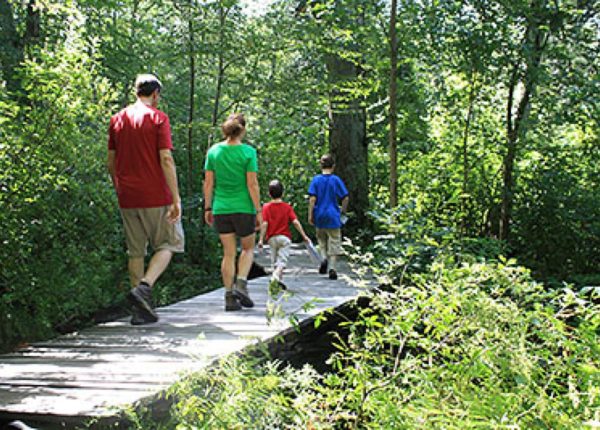 family walking on a trail