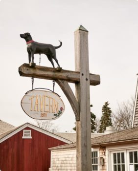 sign that says tavern with a black dog above it