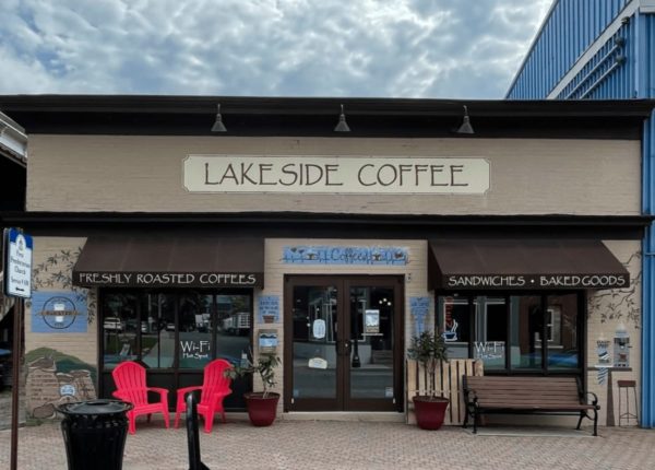 front of lakeside coffee shop