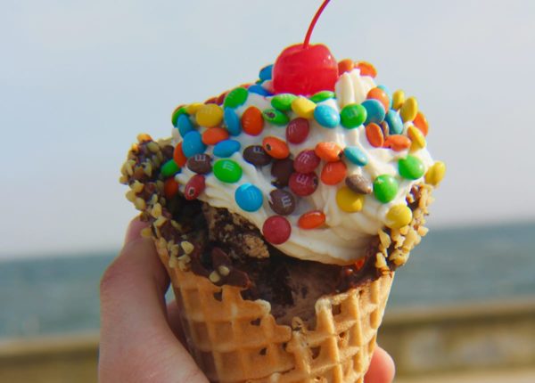ice cream cone with a cherry on top