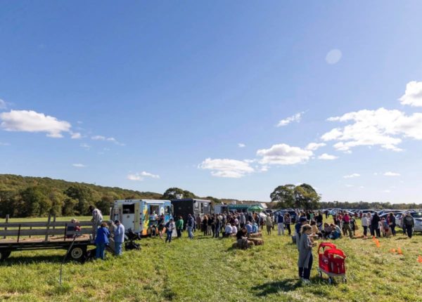 people lining up for food trucks in a grass field