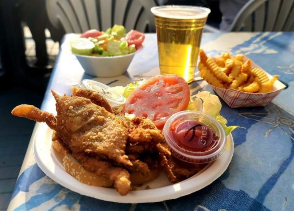 fried seafood with fries and beer