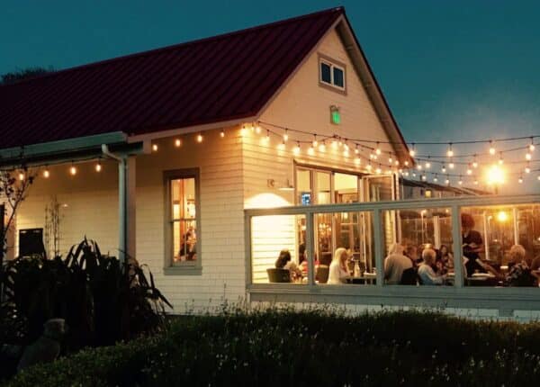outdoor restaurant with string lights