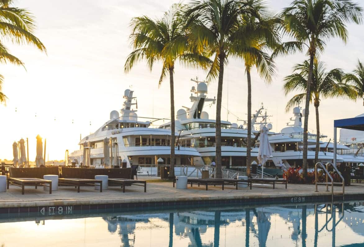pool with palm trees and yachts in the background