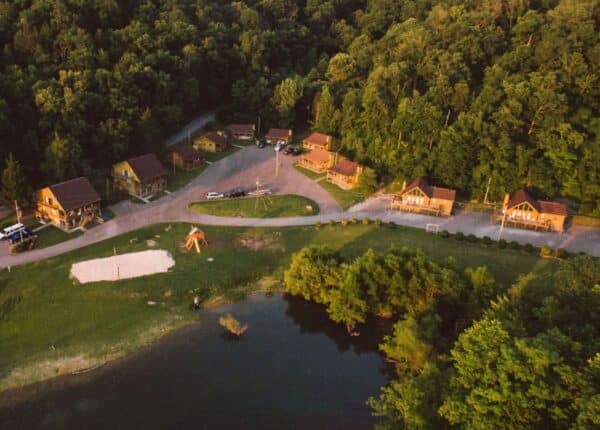 aerial view of campsite and lodging